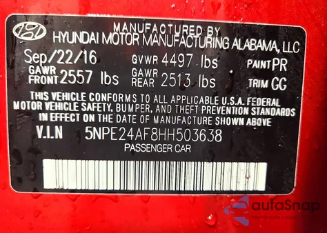 2017 Hyundai Sonata Se z USA, uszkodzony, nr VIN 5NPE24AF8HH503638